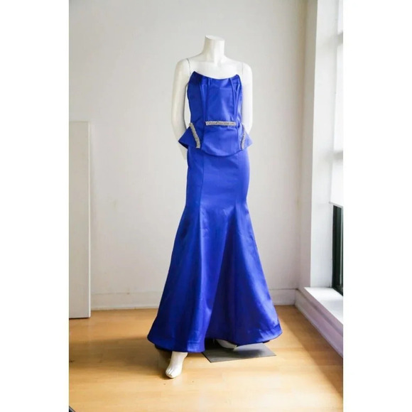 Pierre Cardin Cobalt Blue Satin Rhinestone Trim Two Piece Skirt Set w Train 38/S - Picture 2 of 12